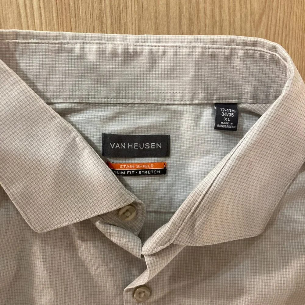 Van Heusen Gray and White Check Button Down Shirt XL 17 1/2 34/35 Long Sleeve